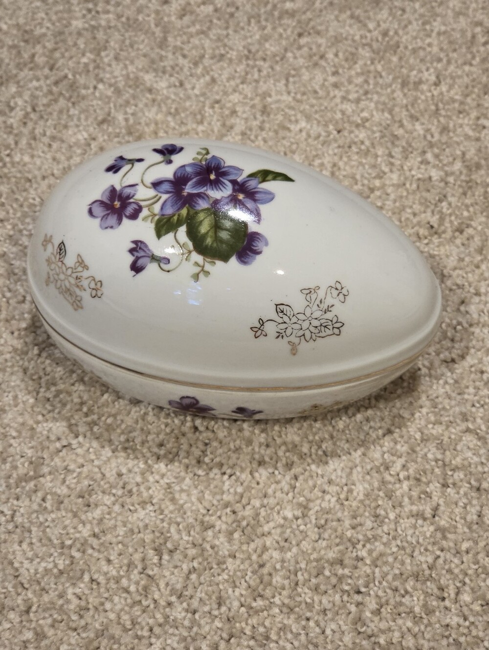 Lefton China Floral Egg Trinket Box with Purple Violets